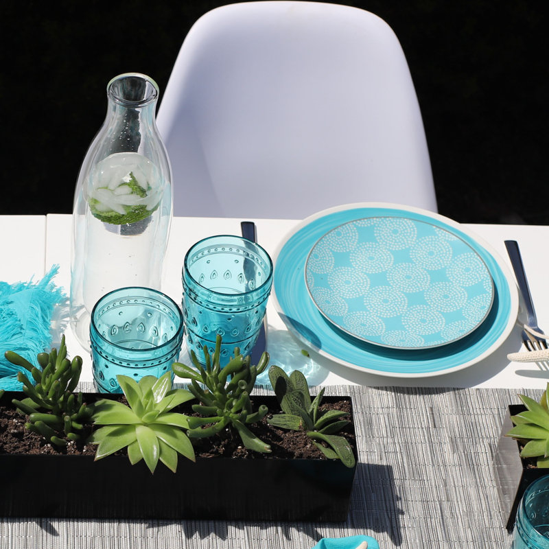 Turquoise and White Ceramic Outdoor Dinnerware Set, Service for 4