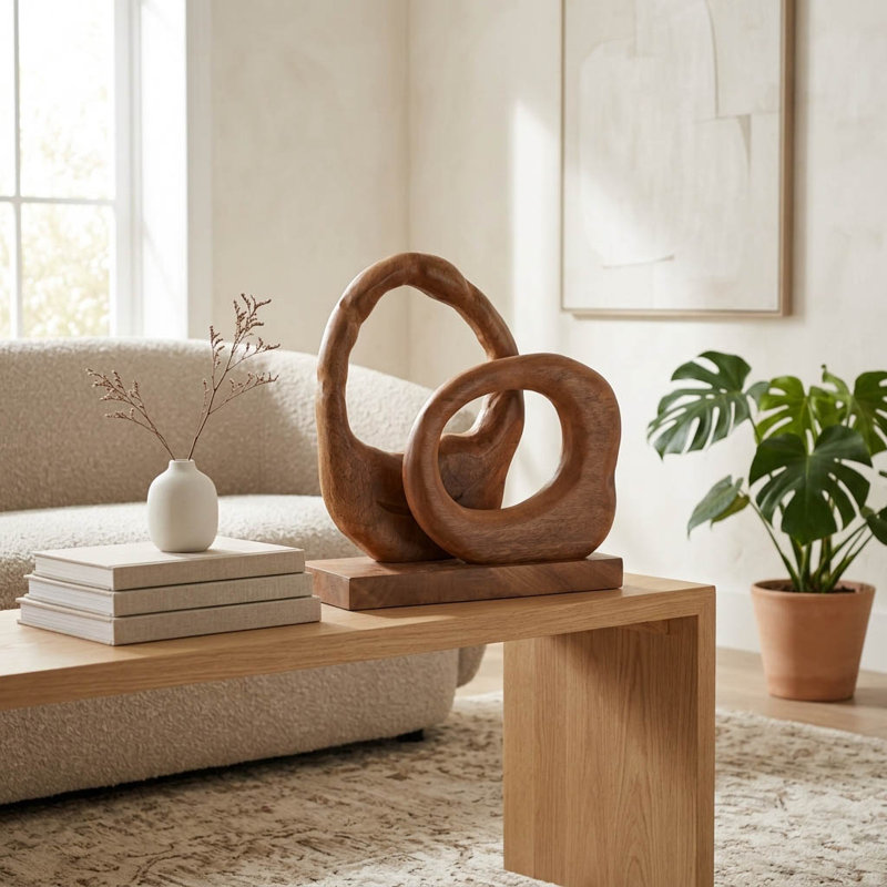 Sculpture abstraite en bois de manguier pour la décoration intérieure - Objet décoratif artisanal pour la décoration de table de salon - 38 cm, brun et beige