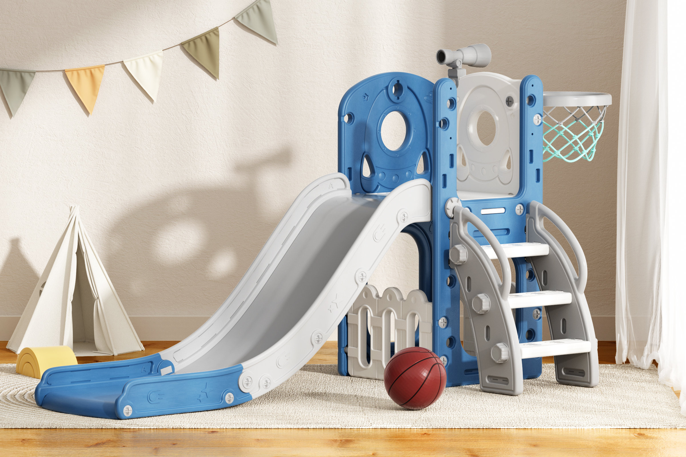 6 en 1 Toboggan pour Enfants avec Panier de Basketball Aire de Jeux d 6 en 1 Toboggan pour Enfants avec Panier de Basketball Aire de Jeux d