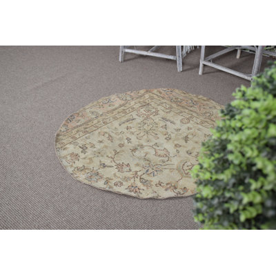 Tapis Oushak rétro beige rétro: petit tapis rond antique parfait pour les entrées ou les cadeaux