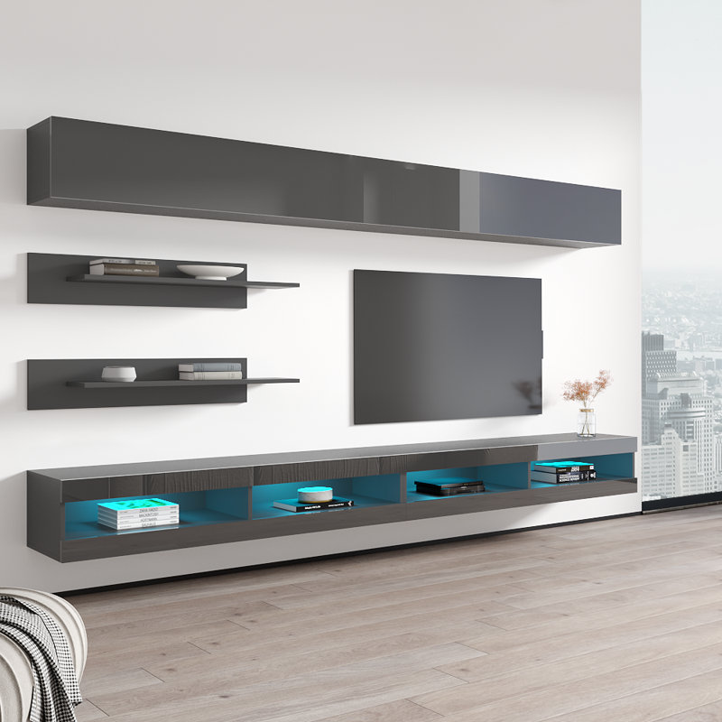 Lieberman 126" Modern Floating Wall Mounted Entertainment Center with 16-Color LED Lighting, High Gloss Finish, Gray