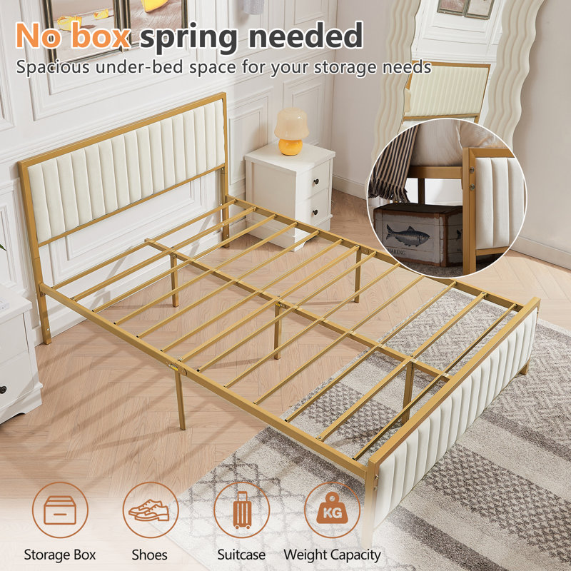 Single/Double Metal Platform Bed Frame With Upholstered Headboard And Footboard, No Box Spring Needed, Grey/Beige, Beige