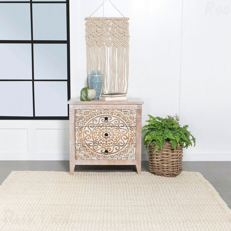Armoire mandala à 3 tiroirs en bois blanc vieilli pour le rangement de la chambre à coucher