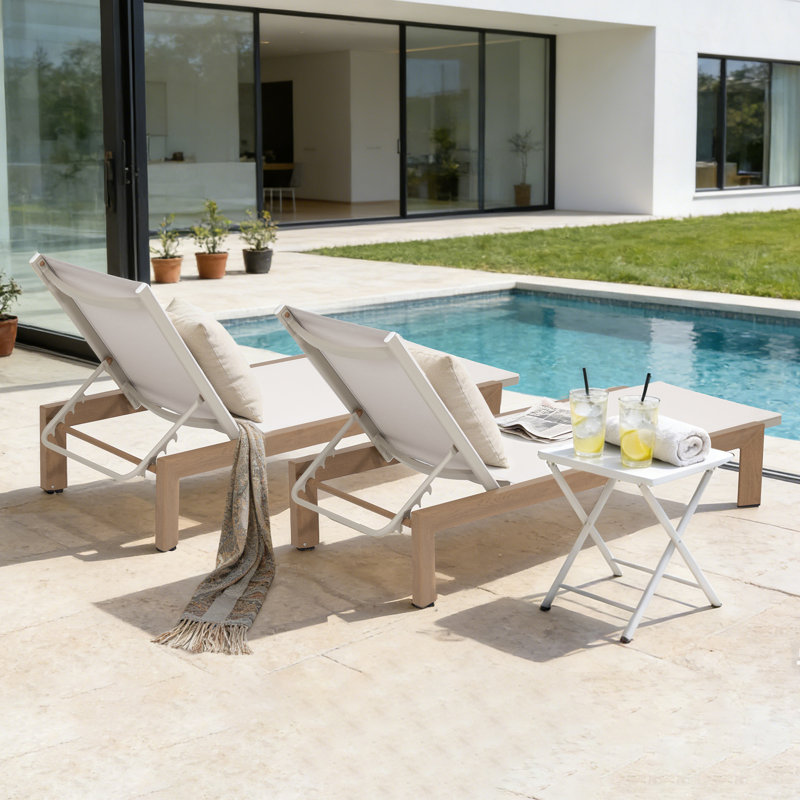 Chaise longue d'extérieur en aluminium à assemblage rapide, chaise longue en placage de grain de bois pour patio, chaise longue triangulaire en tube d'aluminium