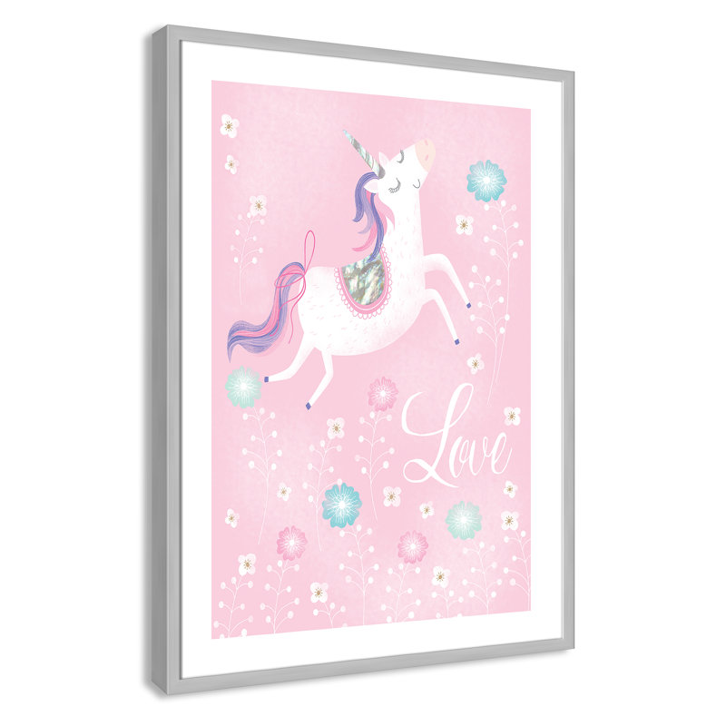«Love Unicorn», art encadré, H 34,5 po x l 24,5 po x P 1,18 po, Cadre argenté