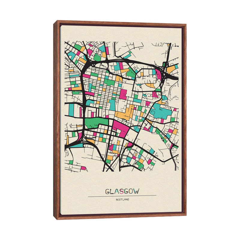 Glasgow, Scotland Map by Ayse Deniz Akerman - Floater Frame Print on Canvas