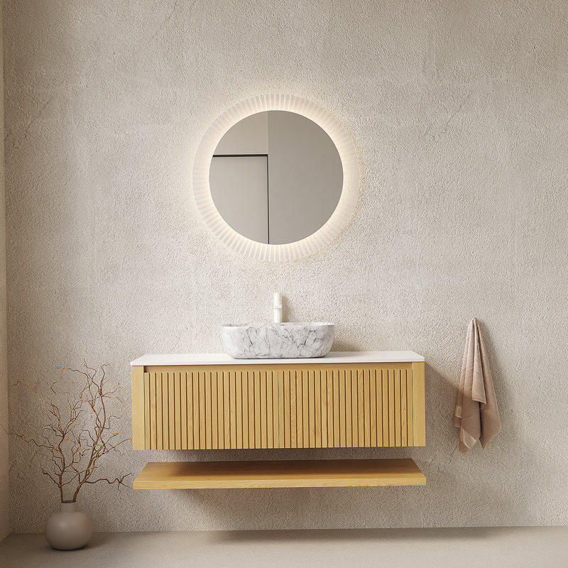 Ensemble de meuble-lavabo fonctionnel avec tiroirs et tablette ouverte, idéal pour les espaces de salle de bain organisés et élégants.