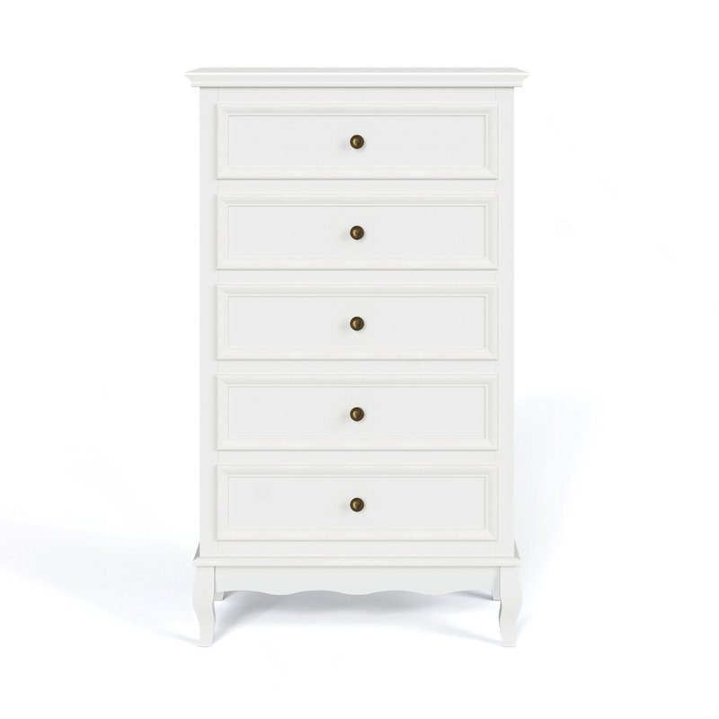 Commode 5 tiroirs pour la chambre à coucher, armoire de rangement moderne avec pieds en bois massif et finition peinte - blanc