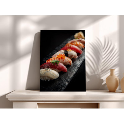 Art mural de sushi, toile de décoration de cuisine japonaise - impression de plateau de nigiri vibrant, art de cuisine et de salle à manger moderne, cadeau de photographie de cuisine asiatique