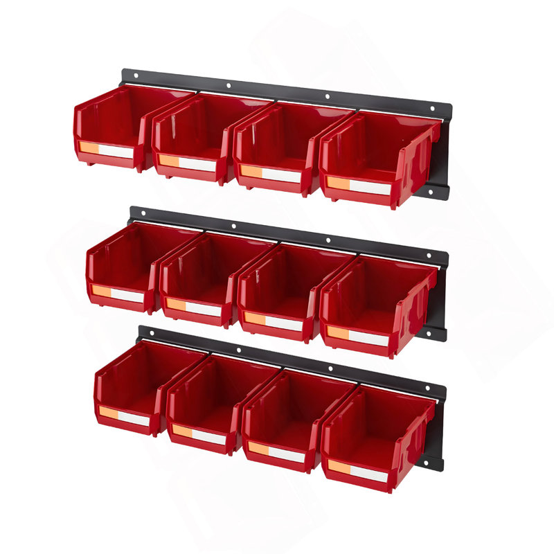 Bacs de rangement muraux, 12 bacs en plastique et 3 rails en métal, bac de rangement empilable en plastique pour vis, écrous, boulons, clous, organisateur d'outils de quincaillerie pour atelier, salle d'artisanat, garage, rouge