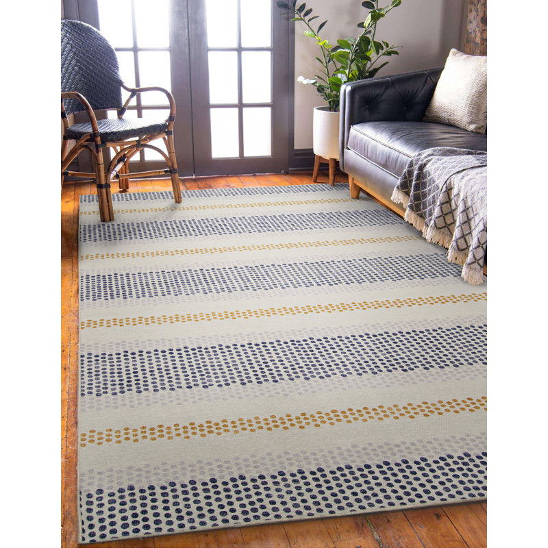 Anna-Sophia Dotted Stripe Ivory and Blue Indoor Outdoor Machine Washable Area Rug, Rectangle 5' x 7'