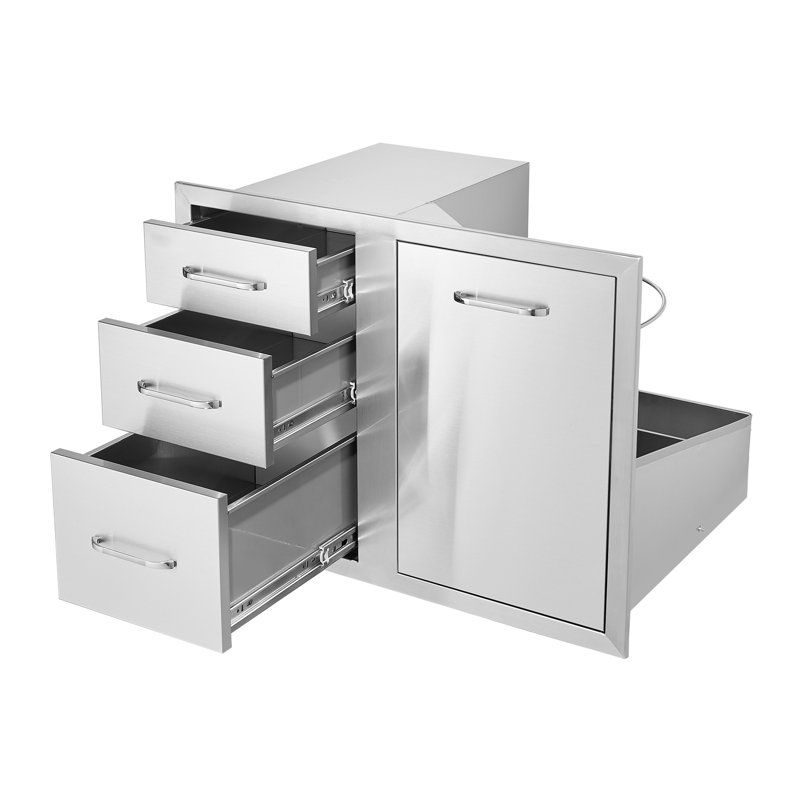 Combo de rangement de cuisine 29,5 po pour l'extérieur - Porte pour îlot de barbecue en acier inoxydable et unité à triple tiroir avec support de réservoir de propane
