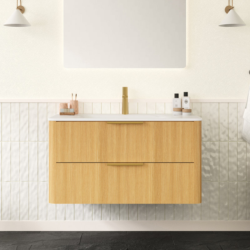 Meuble-lavabo de 36 po avec pierre frittée blanche, armoire de tiroir flottante en contreplaqué, fonctionnement en douceur, meuble-lavabo intégré à haute pression en pierre à finition chaude, contreplaqué, tiroir à fermeture en douceur,