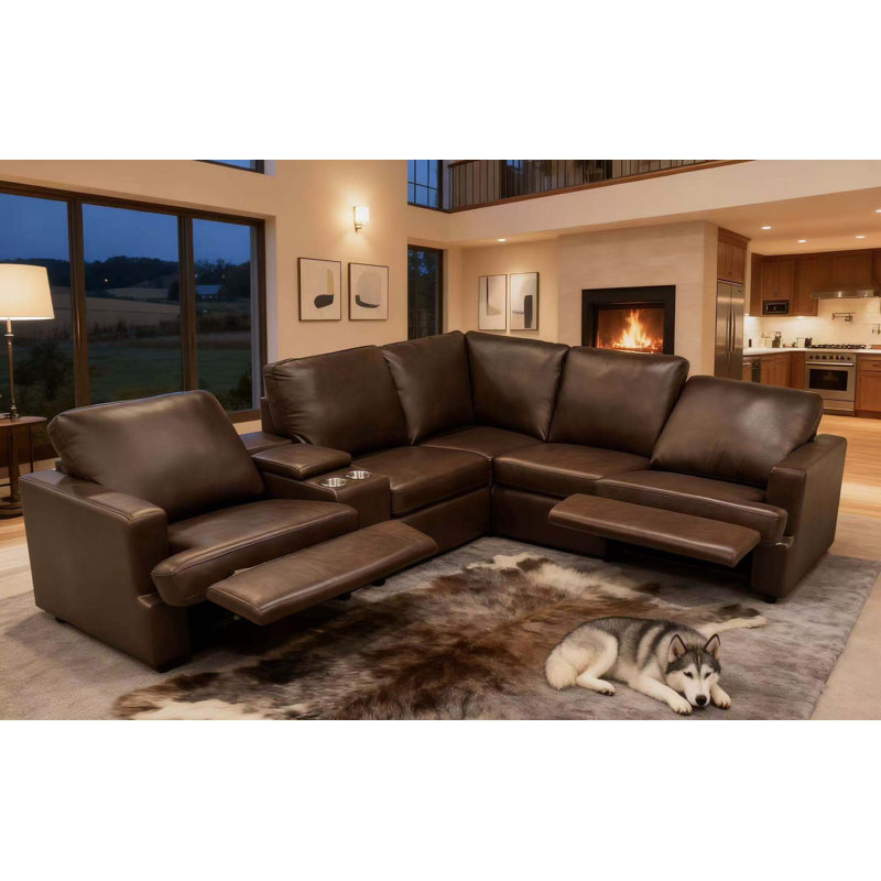 Nchevyshill Leather Match Power Recline Sectional, Dark Brown Leather Match