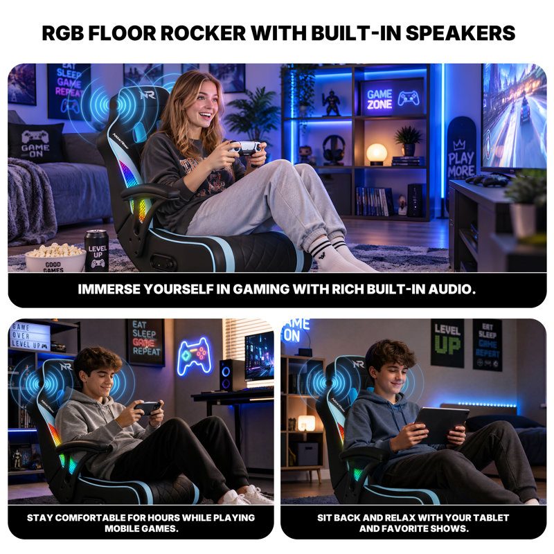 Chaise de jeu sur pied avec accoudoirs, système audio intégré 2.1, lumières DEL RVB