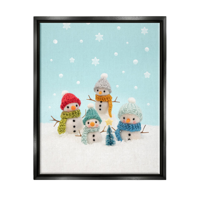 Photographie d'un arbre de Noël «Winter Snowmen» par Lemon & Sugar, Cadre flottant noir de jais, H 21 po x l 17 po x P 1,7 po