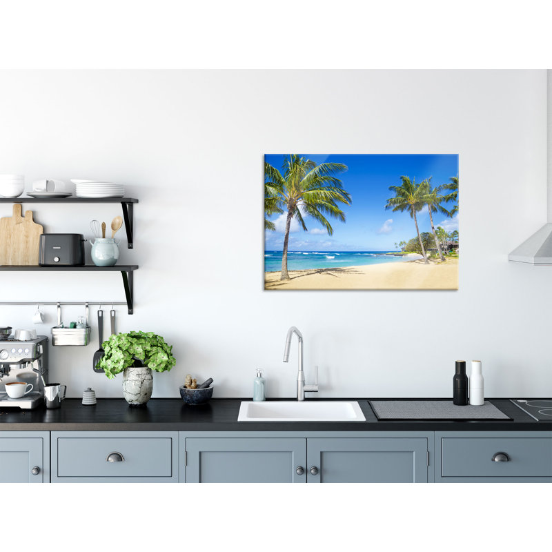 Beautiful Beach With Palm Trees - No Frame Print on Glass, 70cm H x 100cm W