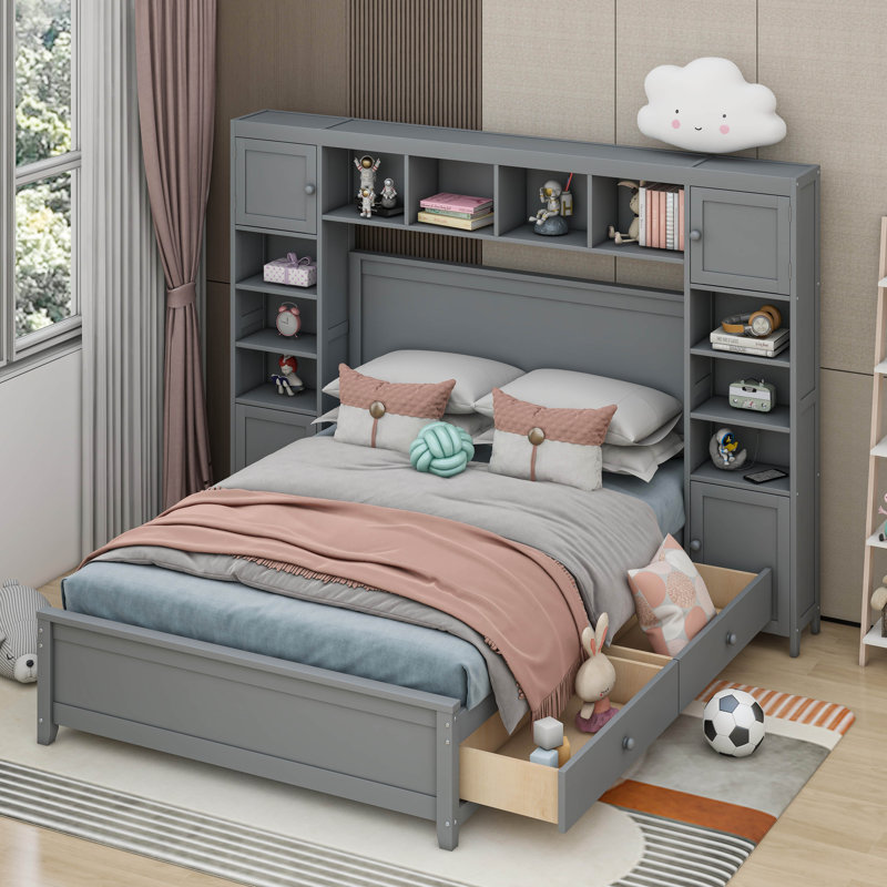 Lit plateforme double avec rangement double, gris