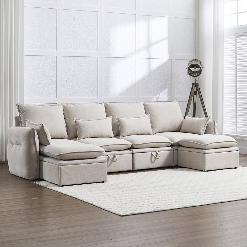 114" 6-Piece Sectional Sofa With 2 Ottomans, Beige Linen