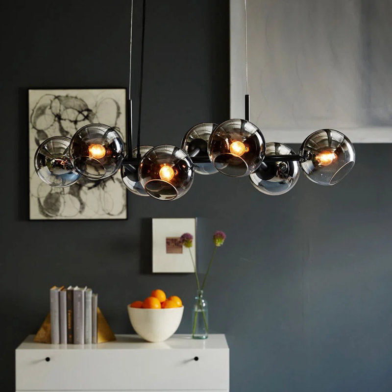 Spoffo 8 - Light Modern Linear Matte Black Kitchen Island Pendant Glass Bubble Globe Pendant Lamp, Black