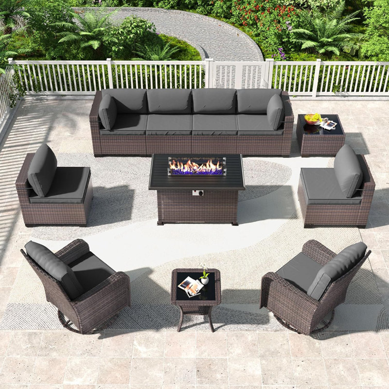 8 - Person Outdoor Furniture Rattan Patio Set With PE Rattan Base Fire Pit Table And Coffee Table, Gray