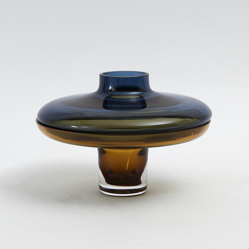 Low Amber Over Cobalt Vase, 6'' H x 9" W x 9" D