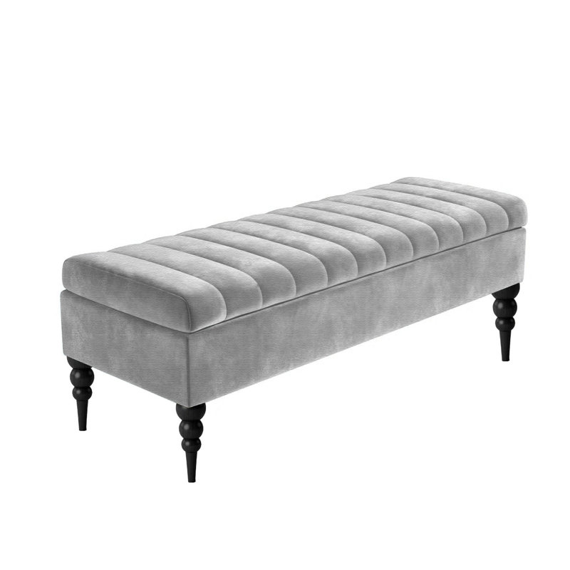 Sierra Striped Upholstered Ottoman Storage Bench - Naples Shoe Bench Footstool with Storage & Turned Wooden Legs, Silver