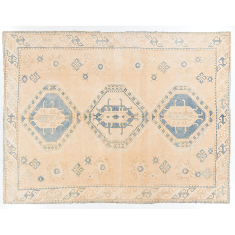 Tapis rétro noué à la main de couleur saumon, crème et bleu clair noué à la main Vintage