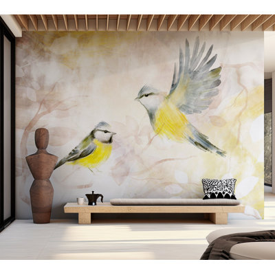 Papier peint animaux - Aquarelle oiseaux - jaune