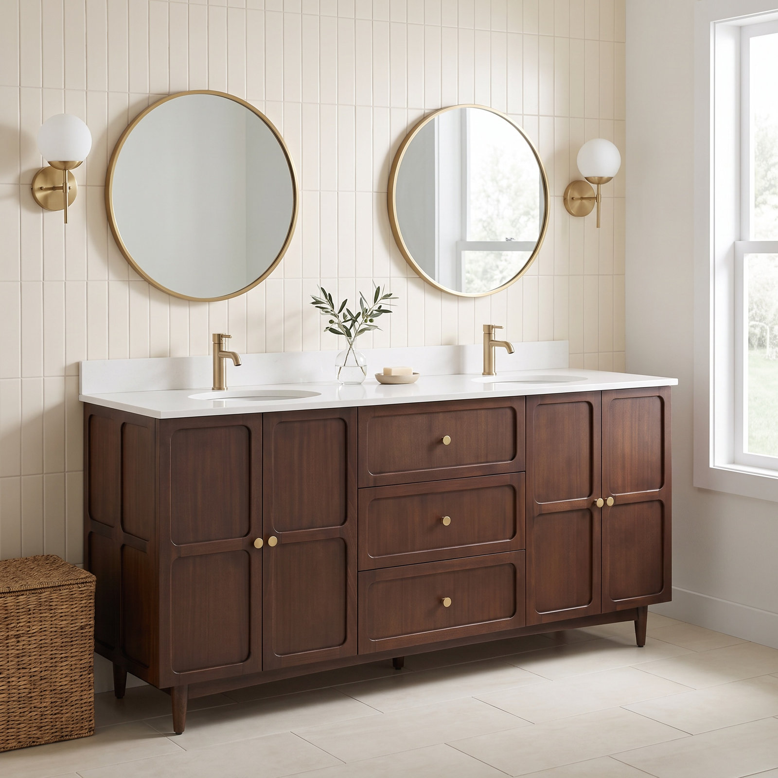 Delavan 72" Mahogany Double Bathroom Vanity, Arctic White Quartz