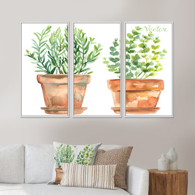 Two Green House Plants In Orange Flower Pots - Traditional Framed Canvas Wall Art Set Of 3 -  Design Art, FL35084-3PXL-WH