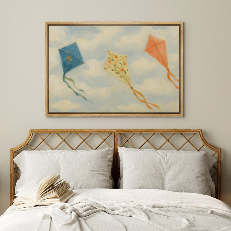 Colorful Kites in the Sky Whimsical Childhood-Inspired Kids Room Decor - Framed Canvas Wall Art Print, Natural, 24" H x 36" W