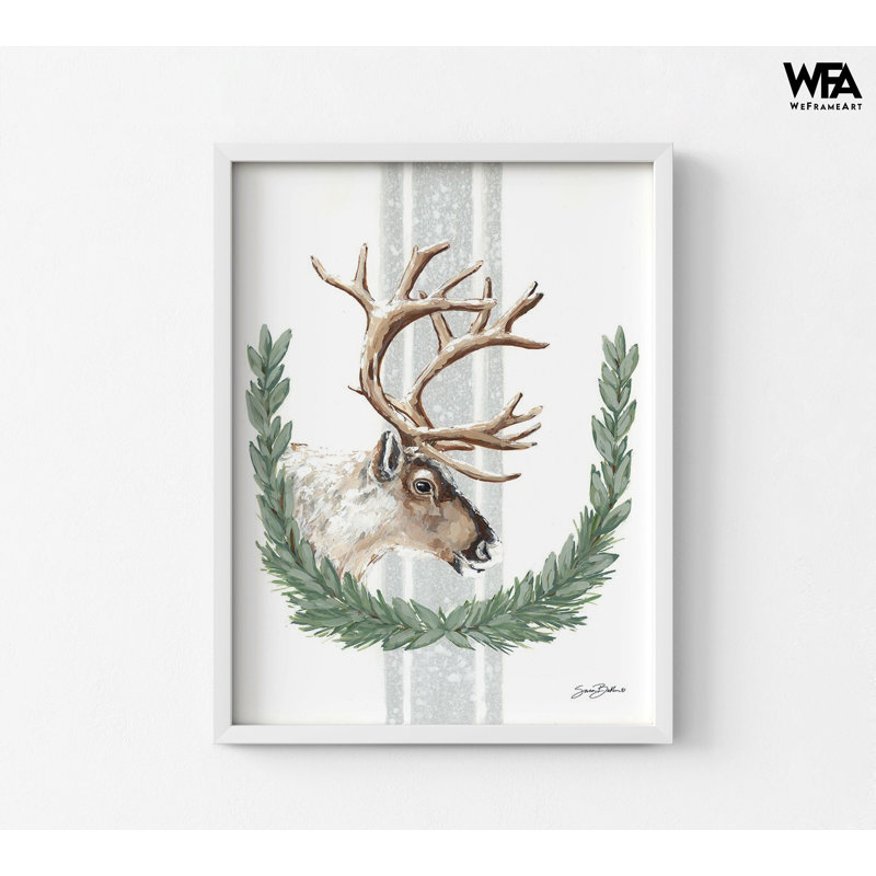 Renne arctique d'hiver par Sara Baker, affiche animaux d'hiver, art mural cerf, renne au-dessus du foyer, décor de chalet de Noël rustique