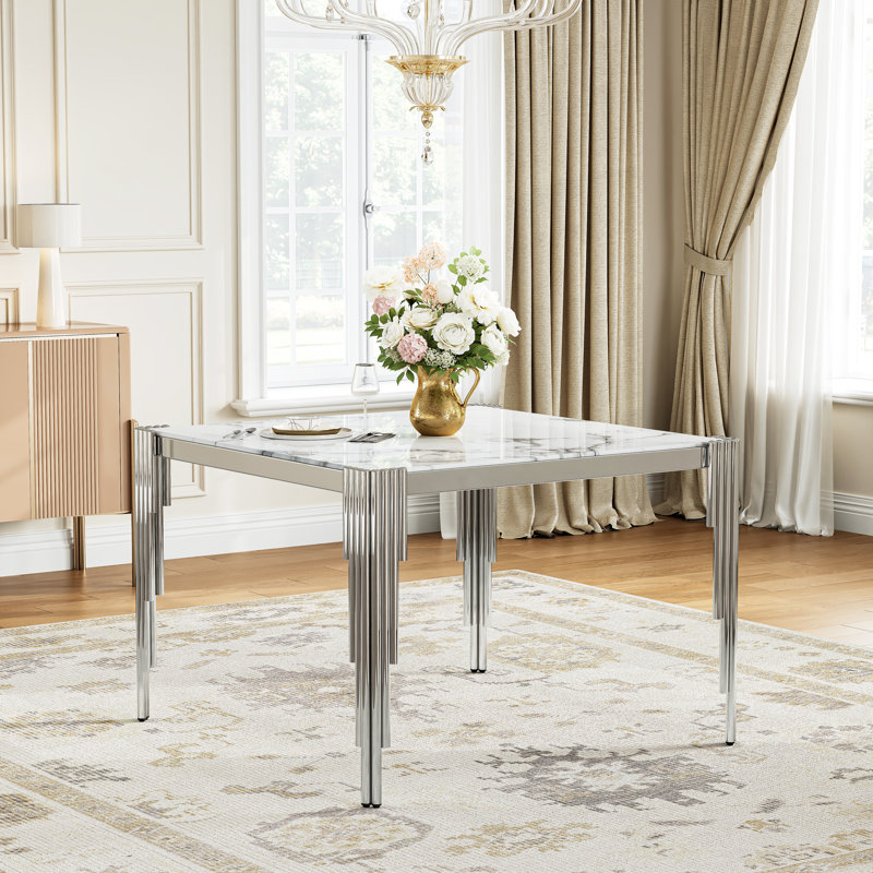 3-Piece Dining Set, 37" White Marble-Pattern Glass Dining Table, Tubular Stainless Steel Legs, 2 Velvet Upholstered Dining Chairs