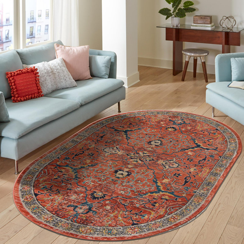 Tapis traditionnel Opel rouge brique / orange, Ovale 7 pi 10 po x 10 pi 2 po