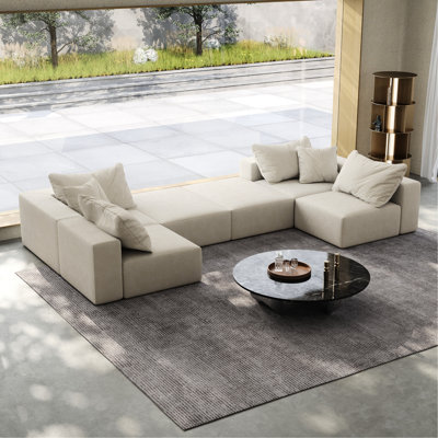 Canapé modulaire en forme de L, revêtement moderne. Chenille beige, rembourrage en mousse. 6 coussins. Combinaison. Aucun assemblage requis pour un très grand ensemble de chambre à coucher, requis