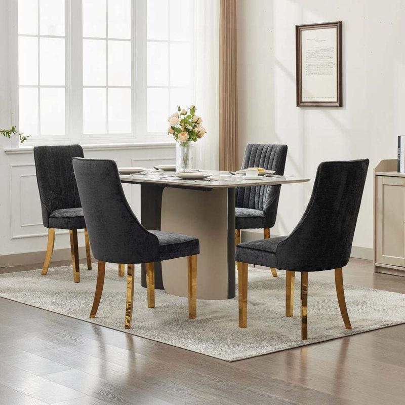 Chaises de salle à manger en chenille, Doré, Noir