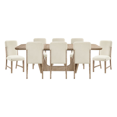 Beautiful Natural Finish Dining Set 9pc Extendable Table Upholstered Chairs Beige Modern Farmhouse Dining Room Furniture