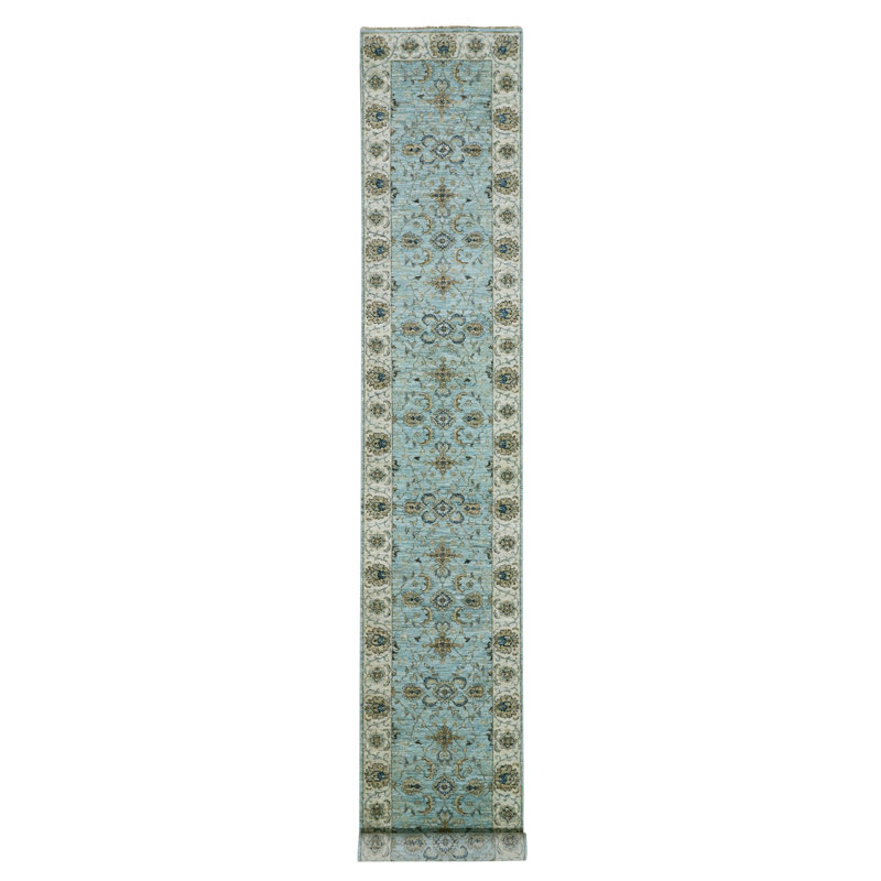 Tapis de couloir oriental Shah Abbas XL en porcelaine bleu noué à la main 2 pi 7 po x 15 pi 10 po