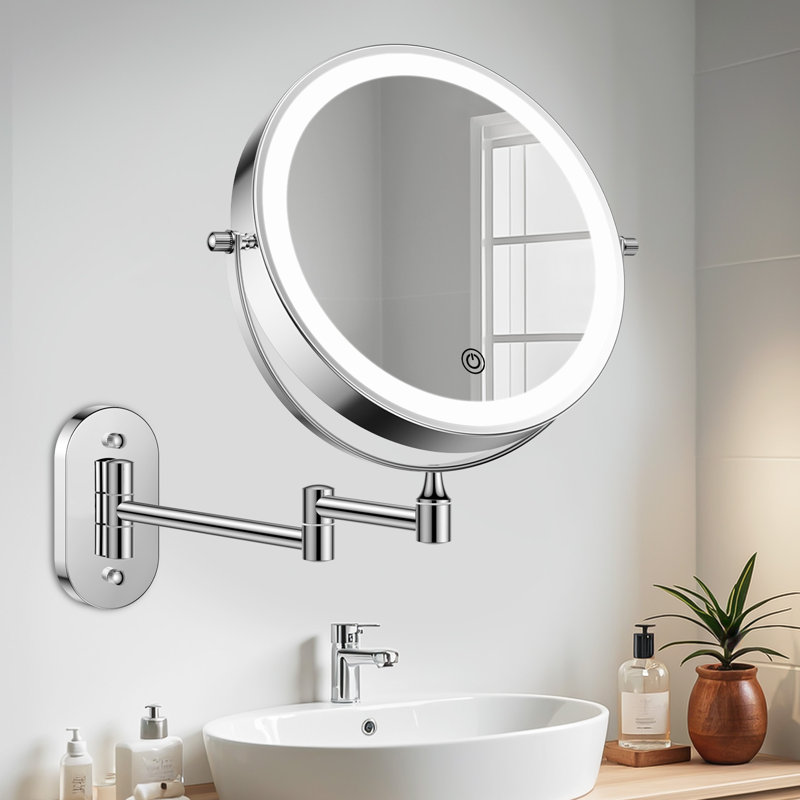  Vanna Chrome Metal Round LED Lighted 10X Magnifying Wall Mounted Bathroom Vanity Makeup Mirror, Chrome, 12" × 17"
