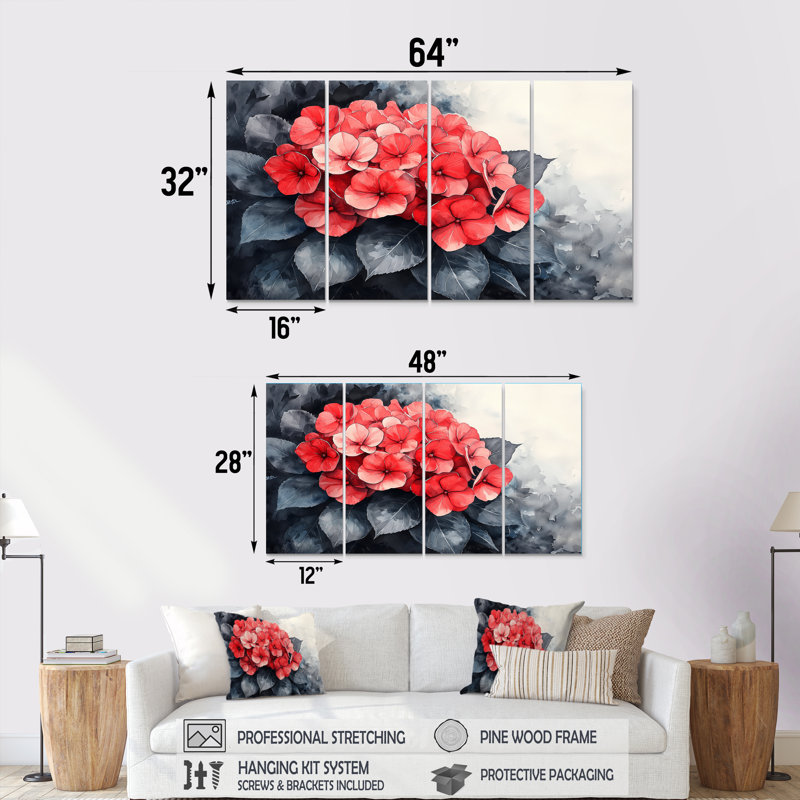 Hortensias monochromes avec accent rouge audacieux II - hydrangées murales - Art mural traditionnel, H 28 po x l 48 po, 4