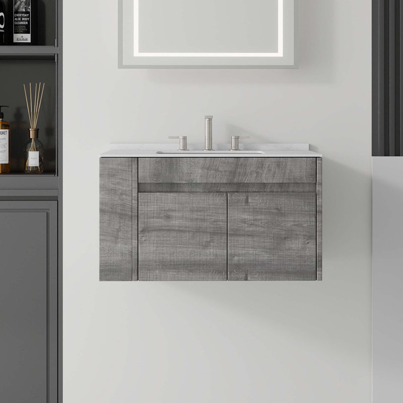 Meuble-lavabo flottant avec portes à fermeture douce et comptoir en marbre de culture, Gris