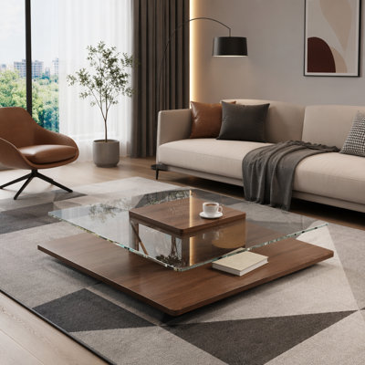 The Square Coffee Table with Clear Tempered Glass Top and Storage Shelf