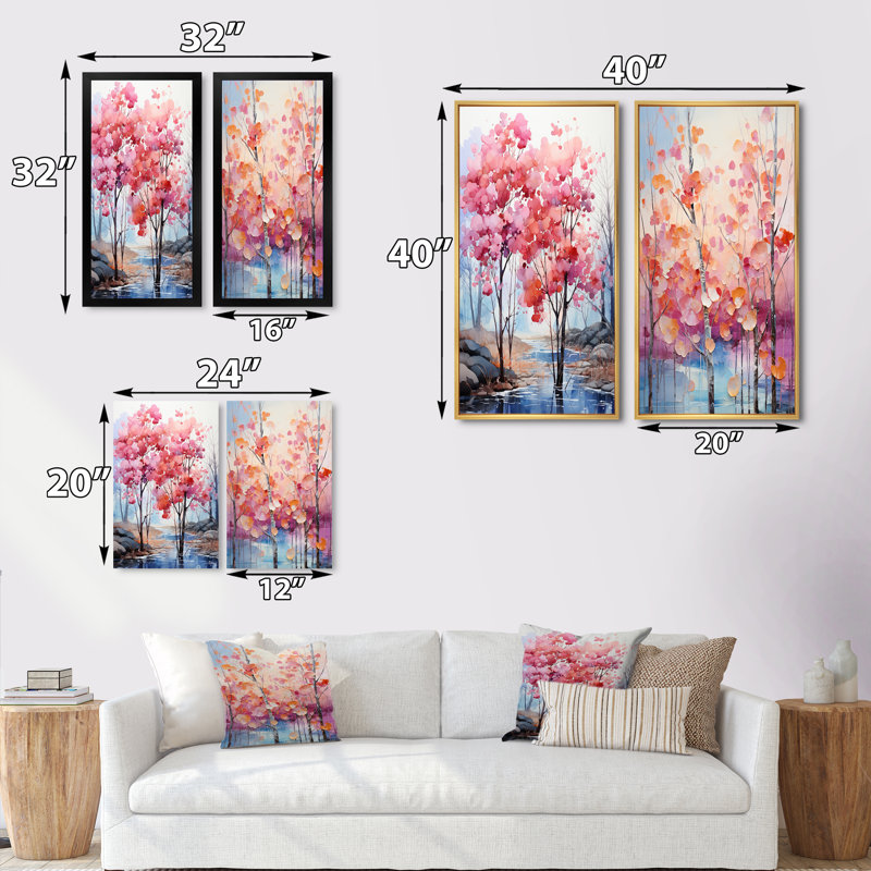 «Pink and Blue Trees Field Pointillism», 2 pièces, Cadre noir, H 40 po x l 40 po