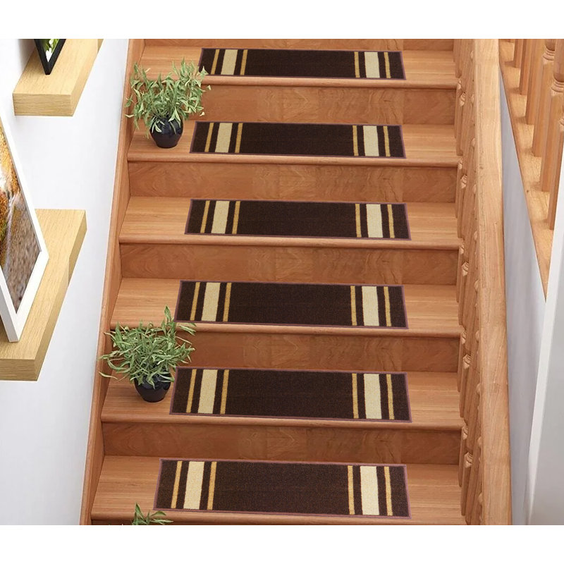 Tapis d'escalier à bordure sur mesure à rayures sur mesure, Brun, Rectangle 2 pi 8 po x 11 po