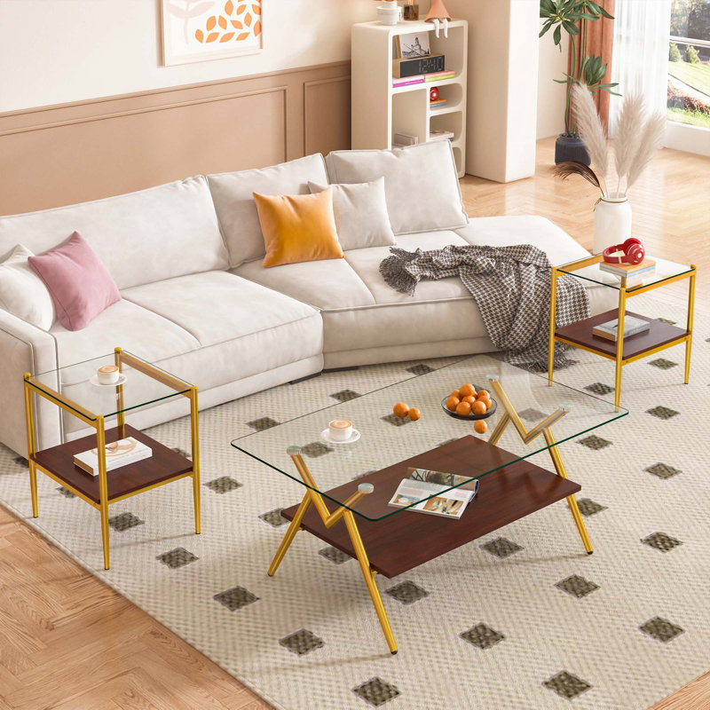 Table basse et tables de bout, ensemble de 3, avec couche de panneau de fibres à densité moyenne, tables modernes pour le salon