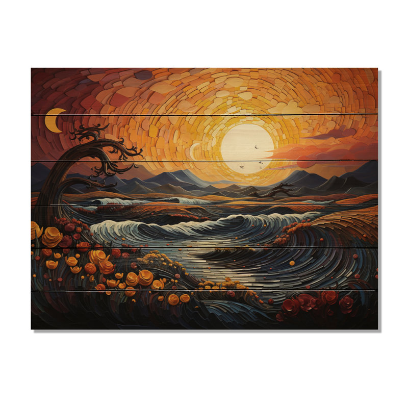 Coucher de soleil peint quamaine, pointillisme sur bois, H 10 po x l 20 po x P 0,78 po