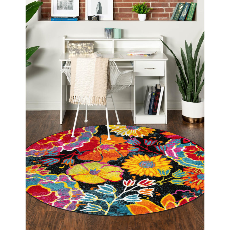 Tapis jaune à motif floral Lorene, Rond 3 pi 3 po