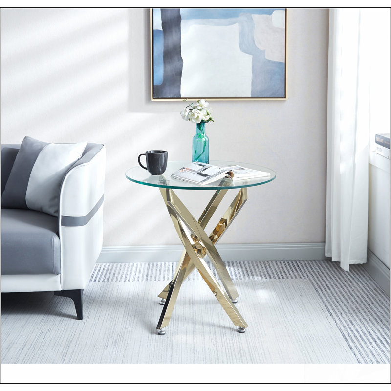 Table de bout moderne en verre trempé avec pieds en acier inoxydable, H 21,85 po x L 23,62 po x l 23,62 po, Doré