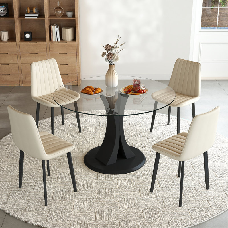 Modern Round Glass Pedestal Dining Set for Kitchen, Dining Room, Apartment